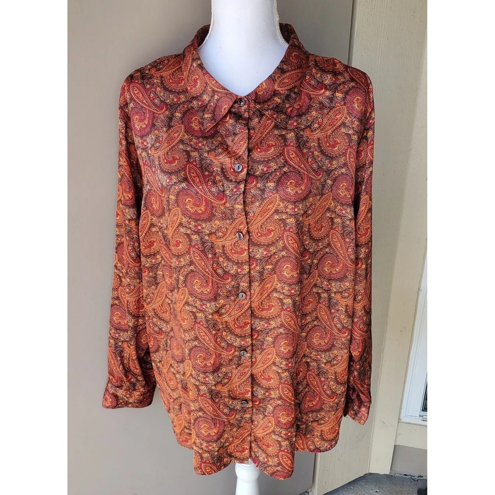 Jaclyn Smith Button Down Blouse Womens Plus 22W Red Orange Paisley Classic